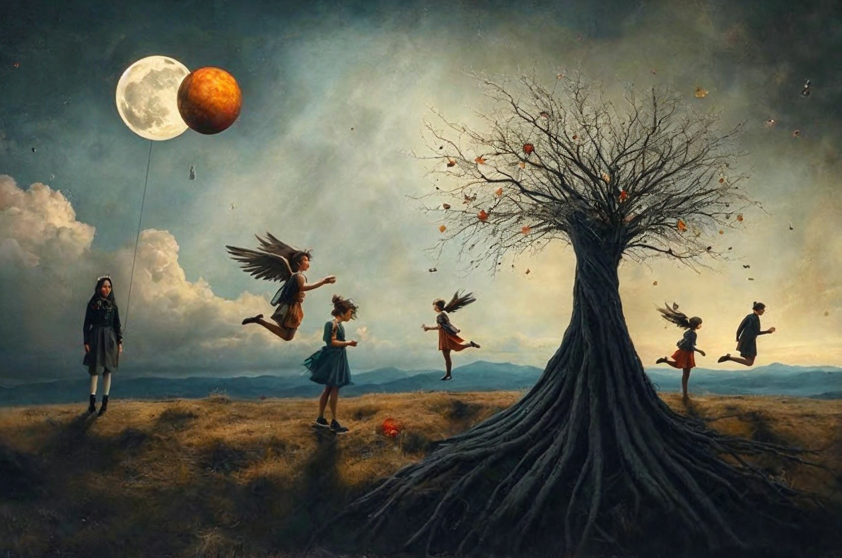 Surreal Landscape with Winged Children and Planet Balloons
