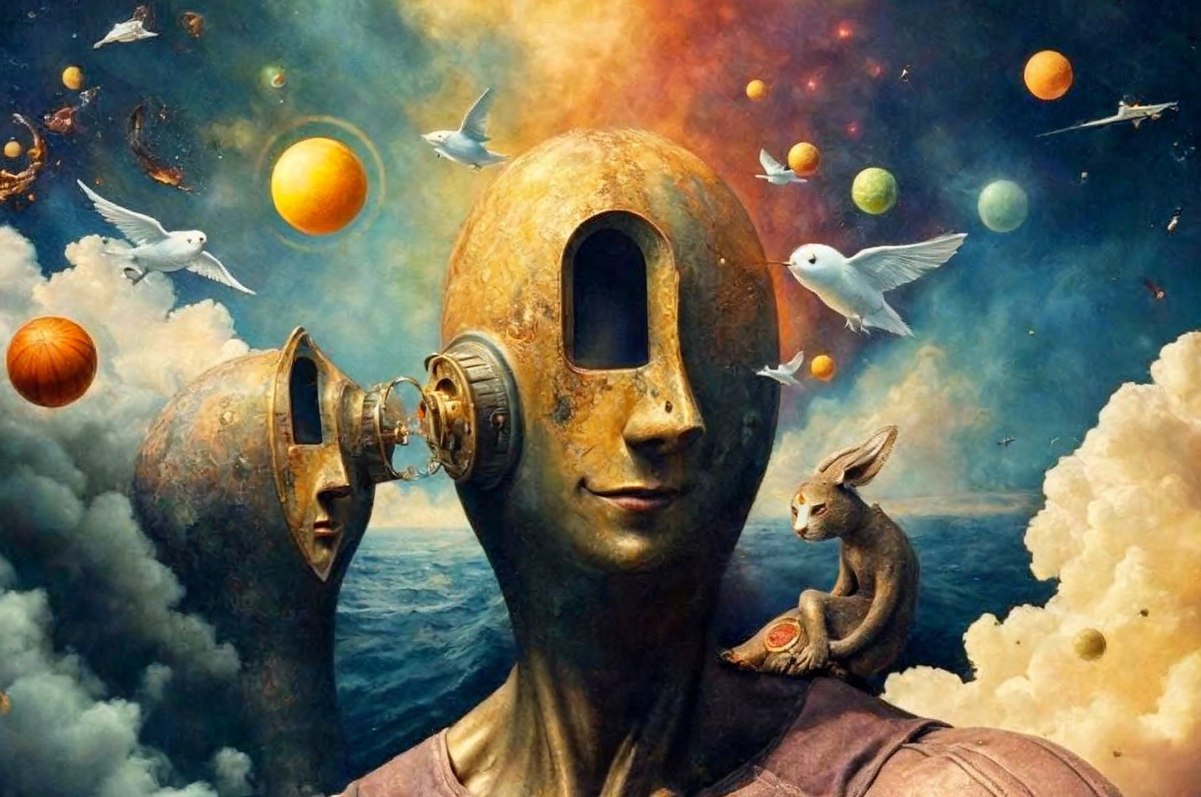 Surrealist Oil Painting of Bronze-Green Sculptures