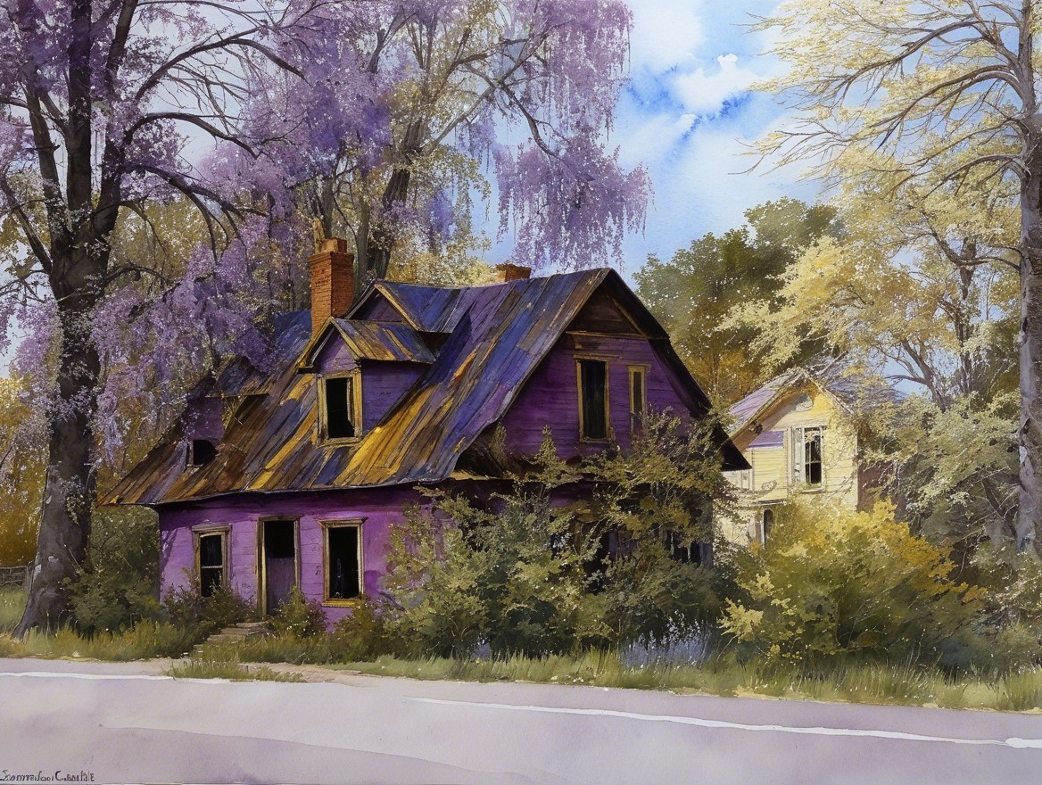 Dilapidated Purple House Surrounded by Nature