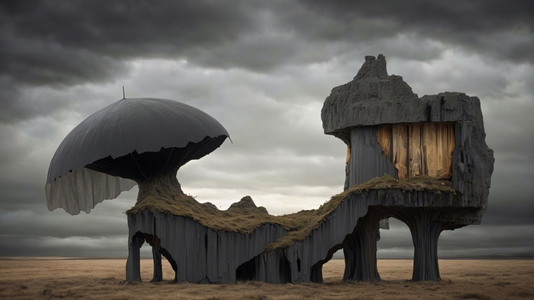 Surreal Landscape with Umbrella Structure and Dramatic Sky