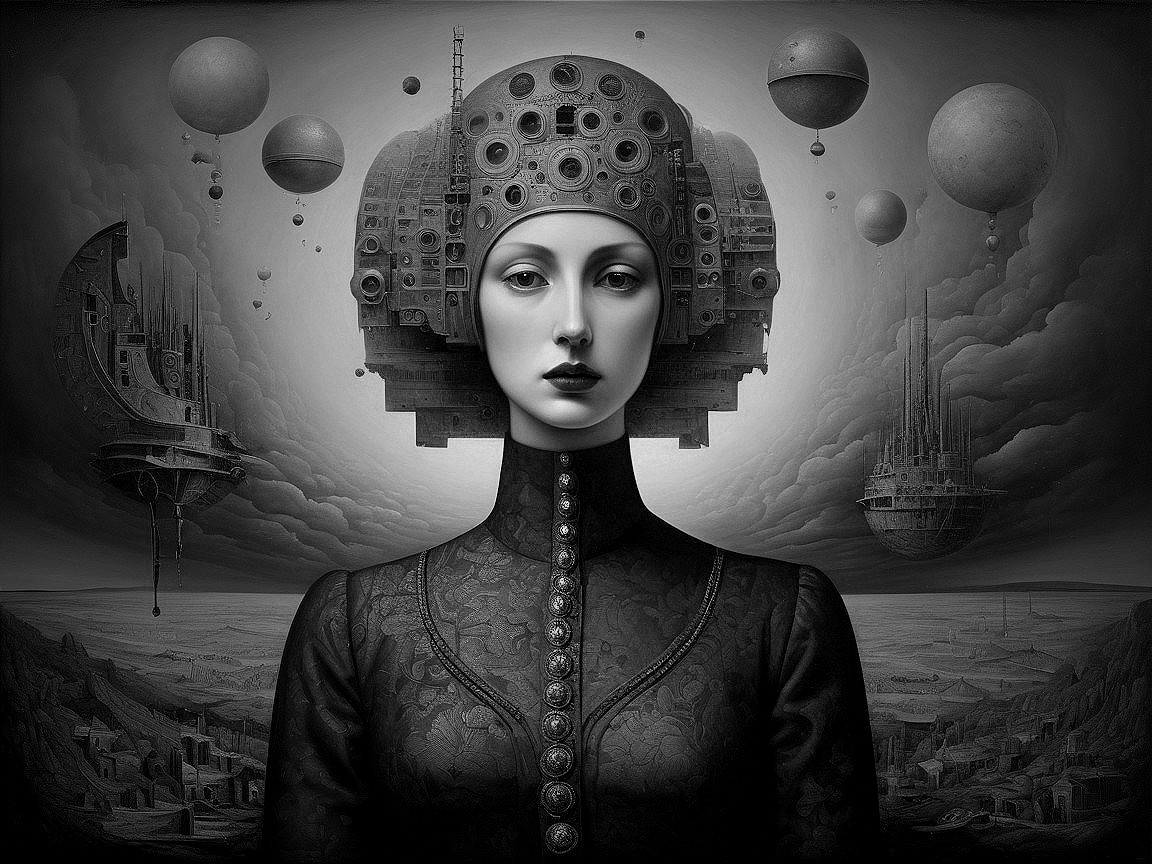 Futuristic Figure in Monochromatic Surreal Landscape
