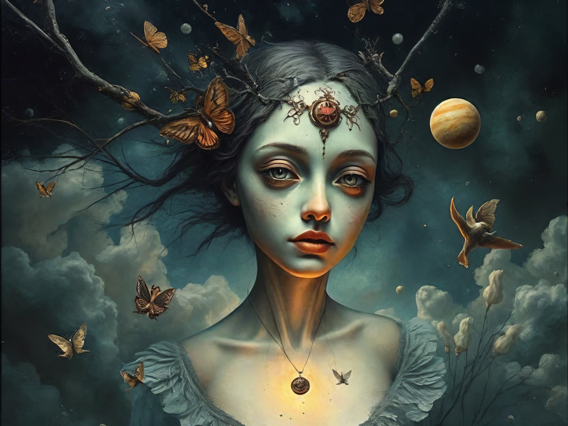 Surreal Portrait of a Young Woman with Celestial Themes