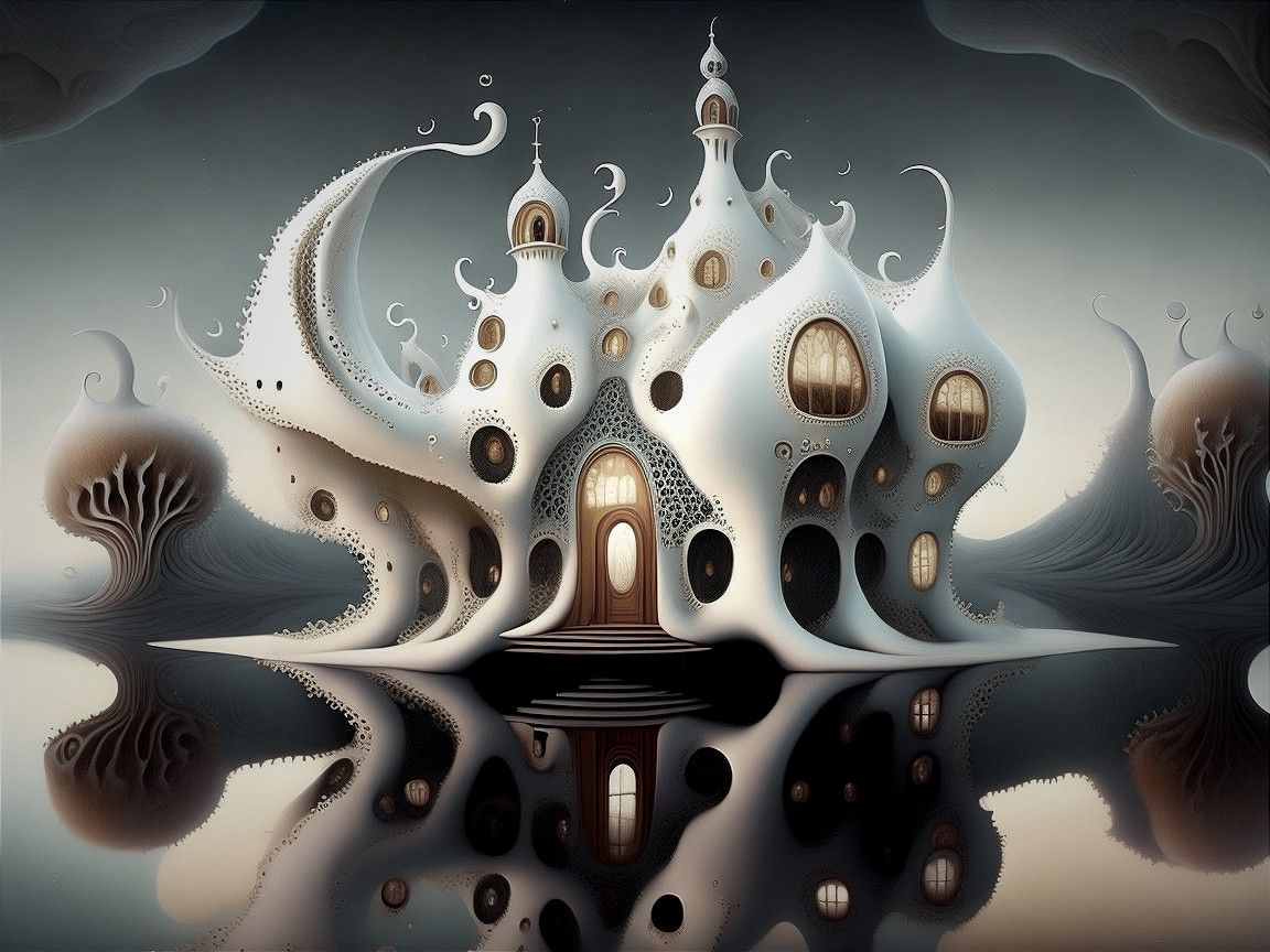 Surreal Mansion with Organic Shapes Over Water