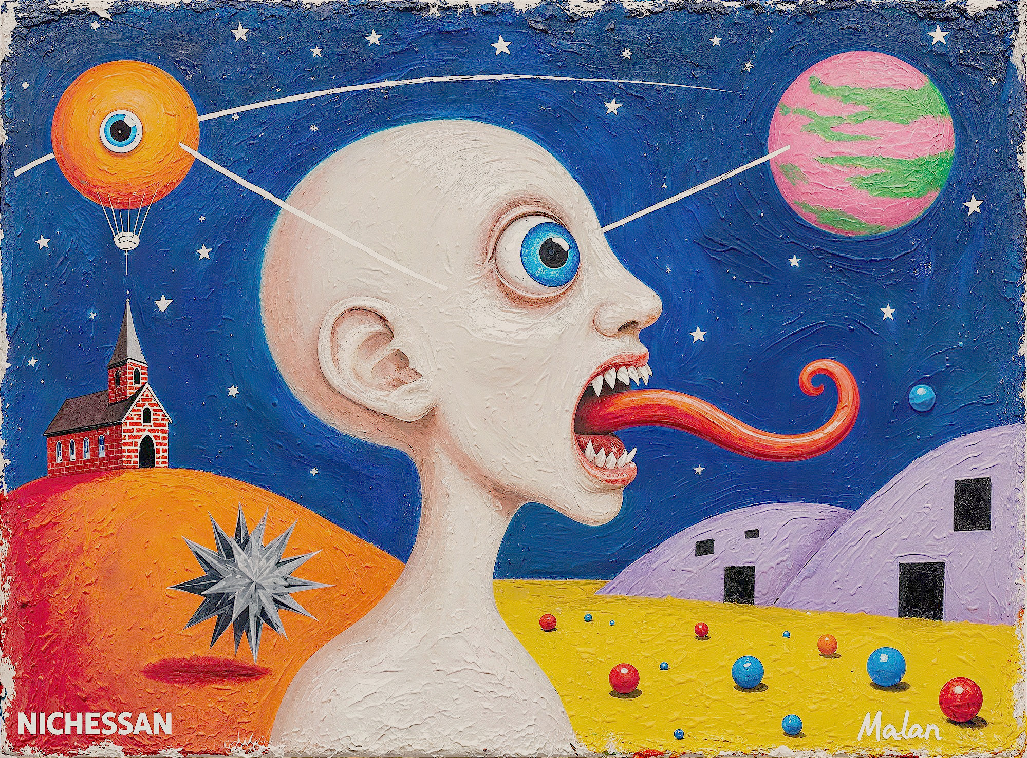 Surrealist Painting Featuring Alien Figure and Planet