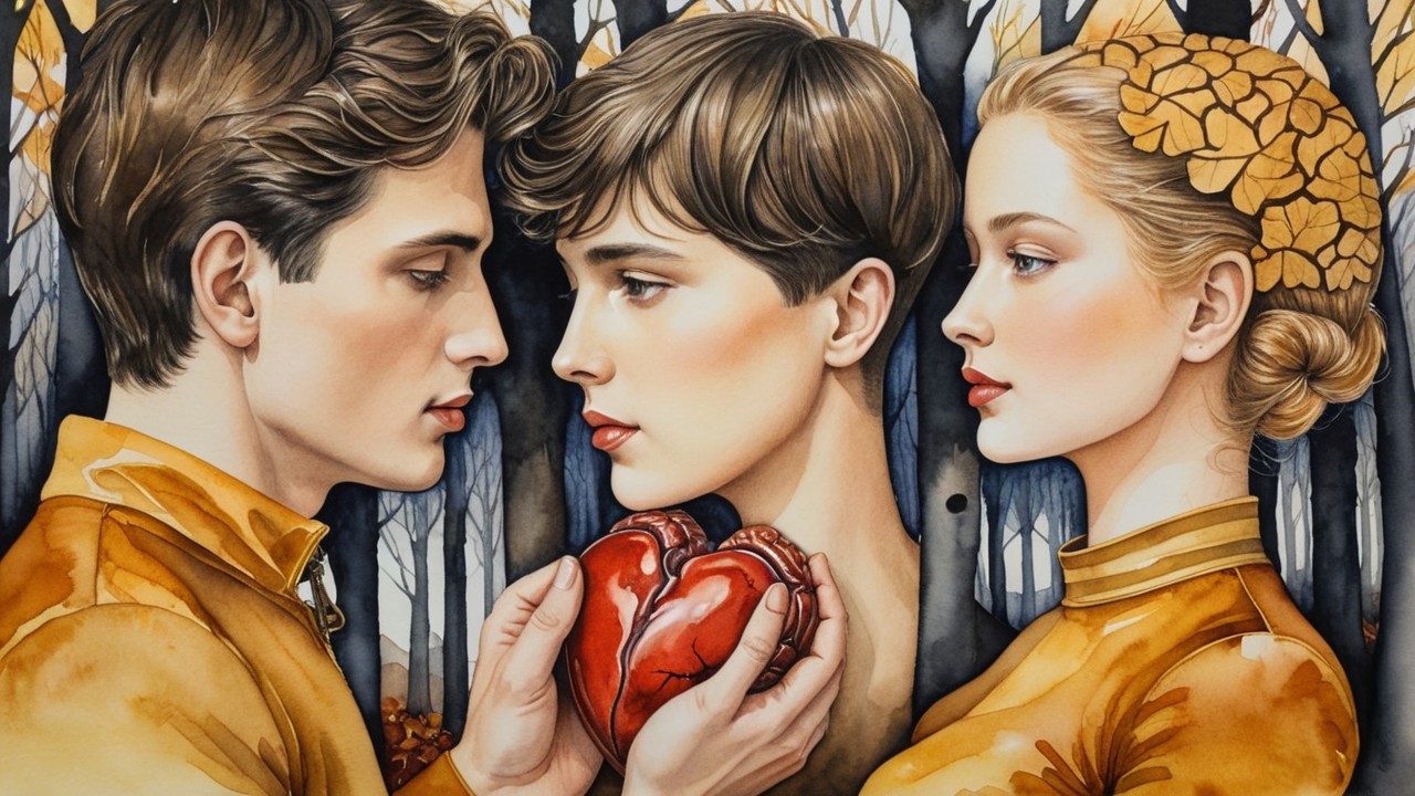 Three Figures in Autumn Tones with Heart Symbol