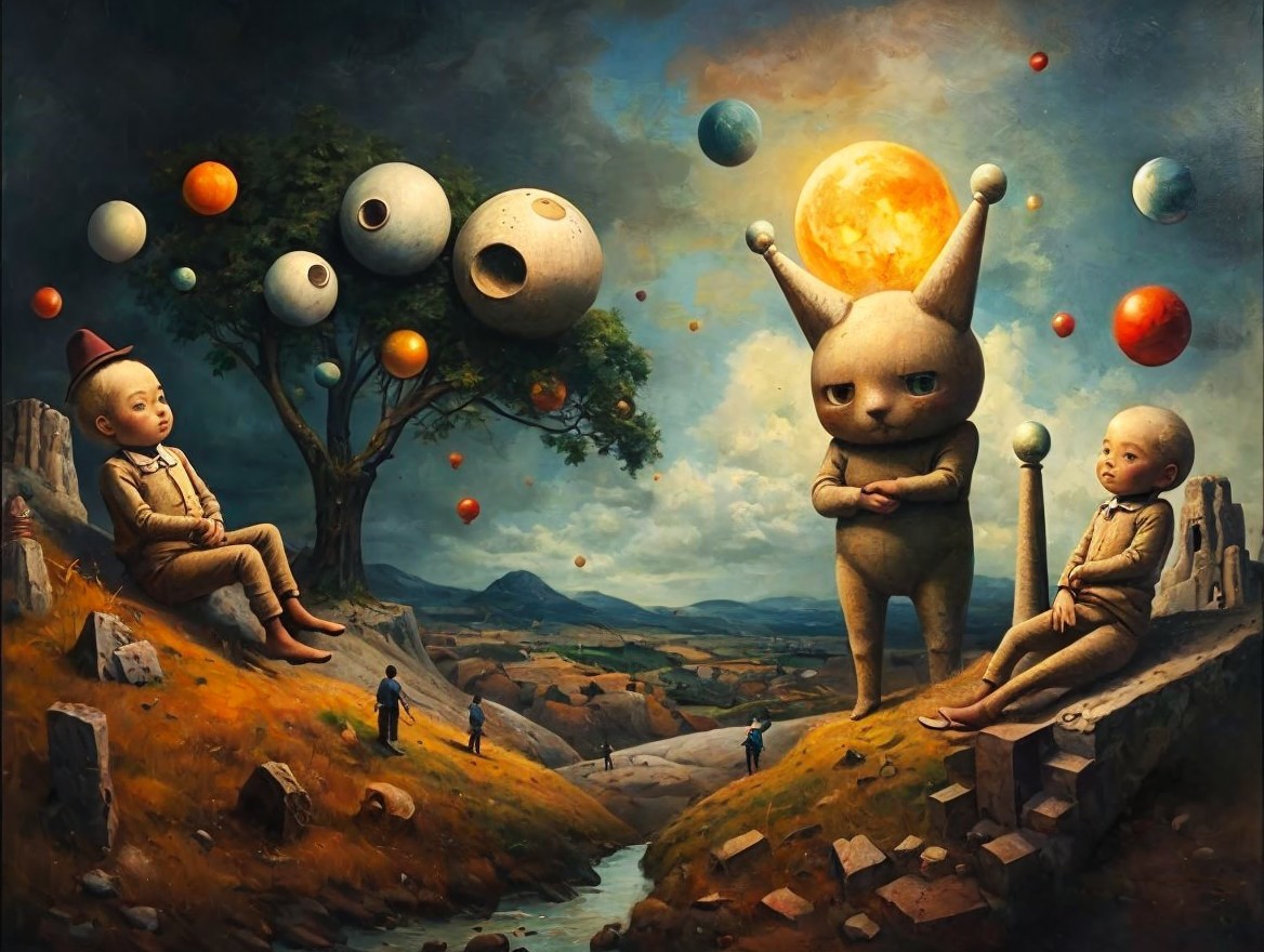 Surreal Landscape with Children and Whimsical Creature