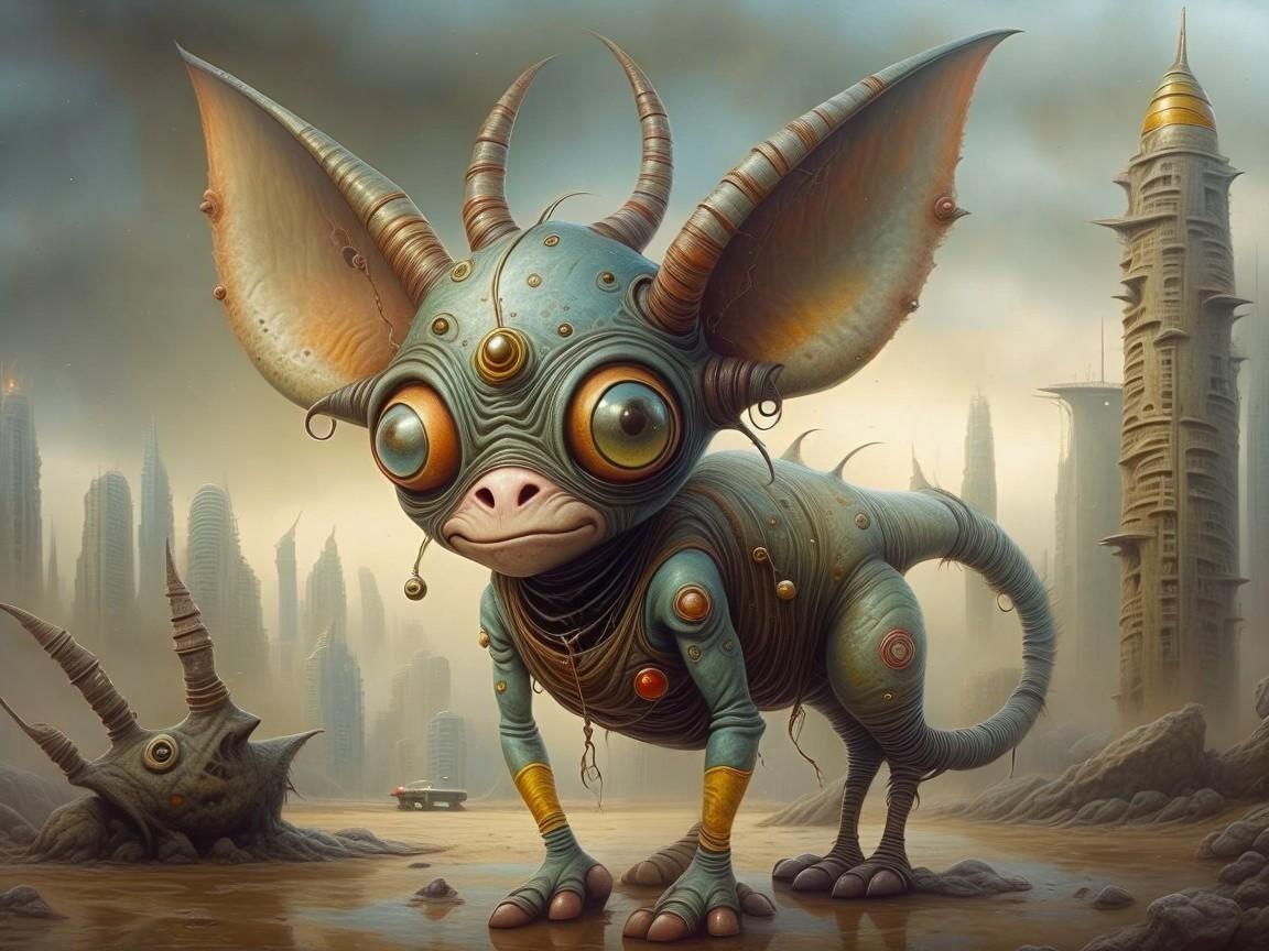 Whimsical Creature in Futuristic Fantasy Landscape