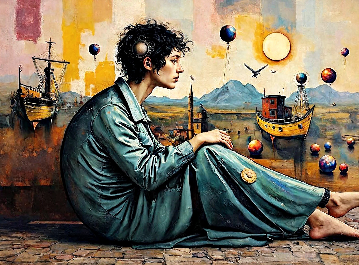 Female Figure in Teal Outfit with Unique Emblems