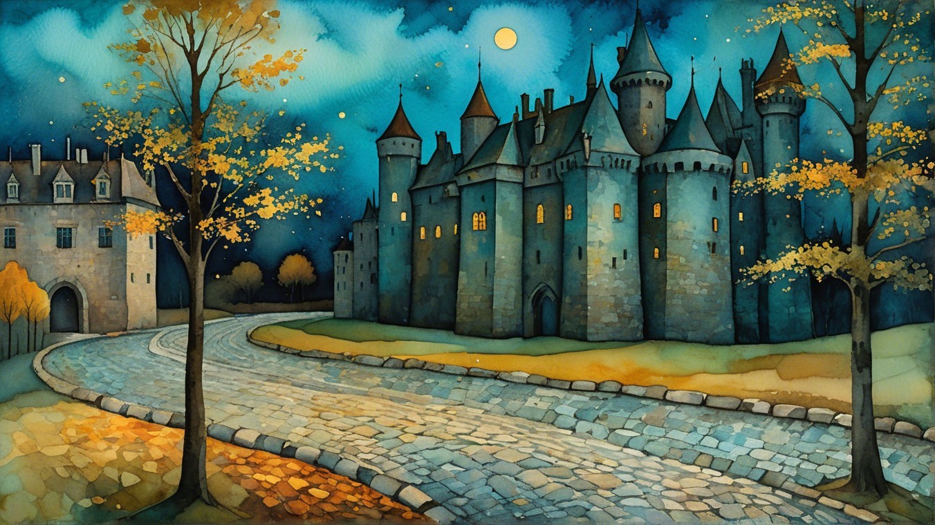 Twilight Scene of a Majestic Castle with Moonlight