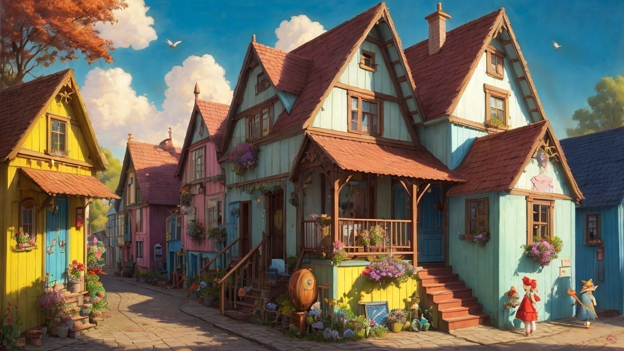 Pastel-Colored Houses in a Whimsical Street Scene