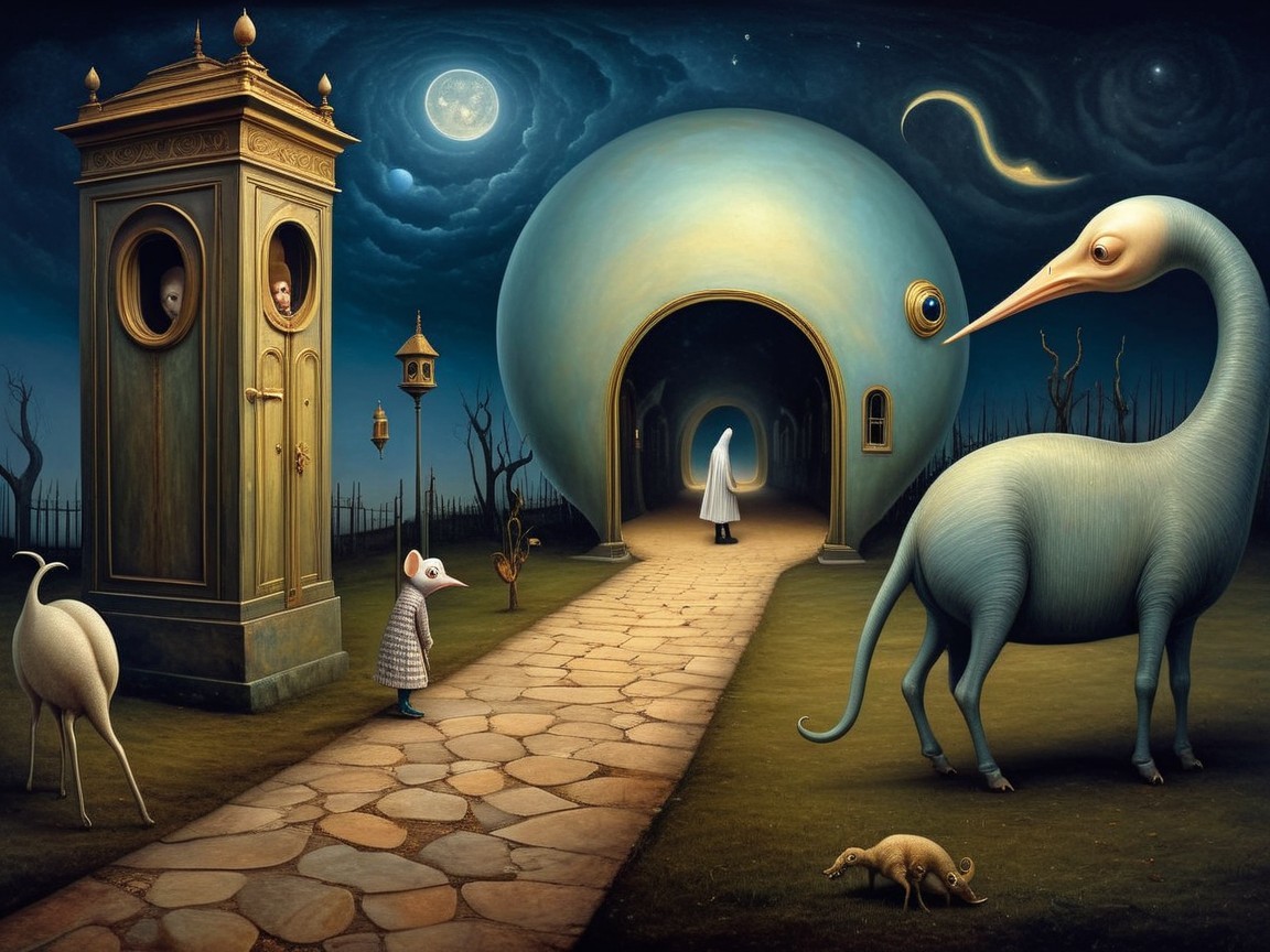 Surreal Landscape with Dome, Clock Tower, and Creatures