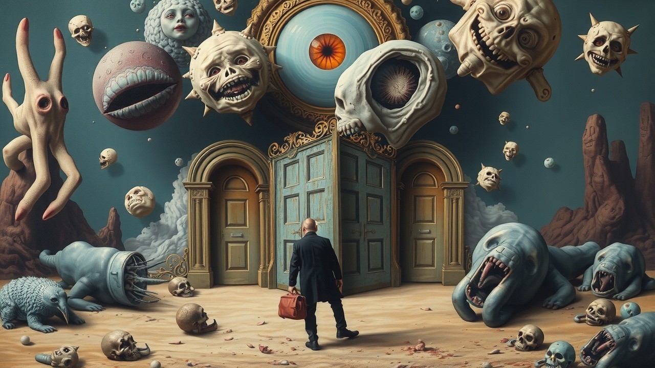 Surreal Scene with Figure and Floating Entities