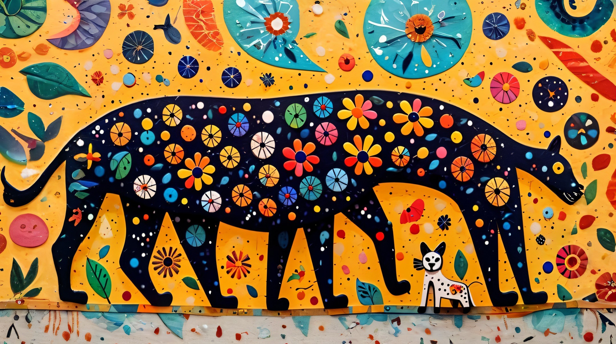 Vibrant Mural of Black Panther with Colorful Flowers