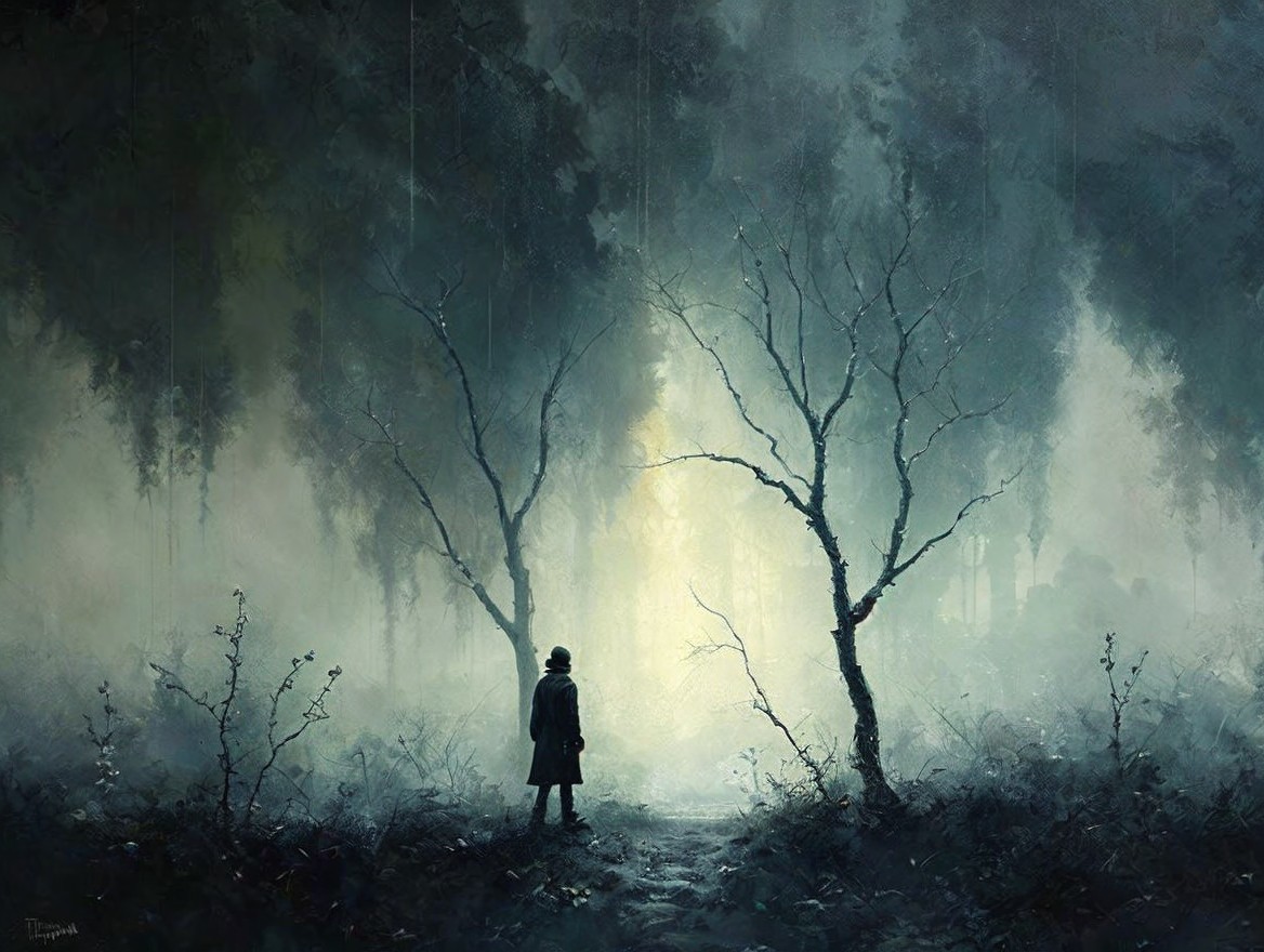 Solitary Figure in a Misty Forest with Twisted Trees
