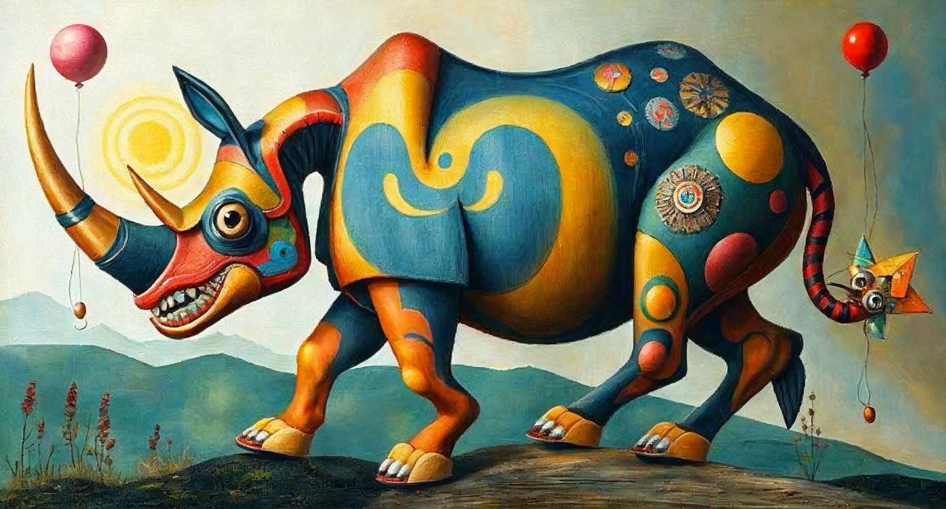 Whimsical Colorful Rhinoceros in Playful Landscape