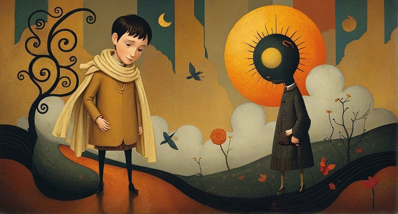 Whimsical Landscape with Boy and Sun-Headed Figure