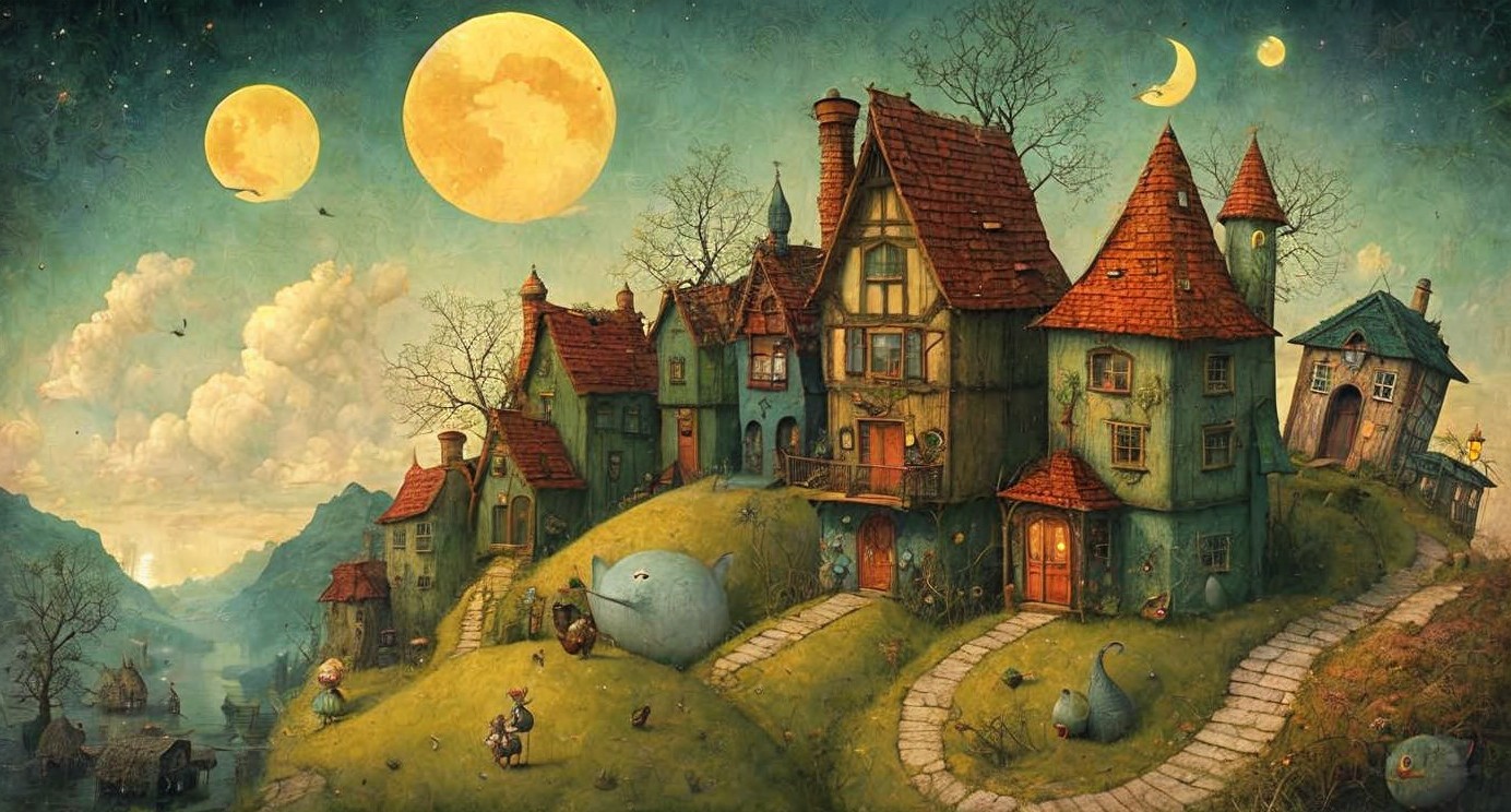 Whimsical Village with Colorful Houses and Twilight Sky