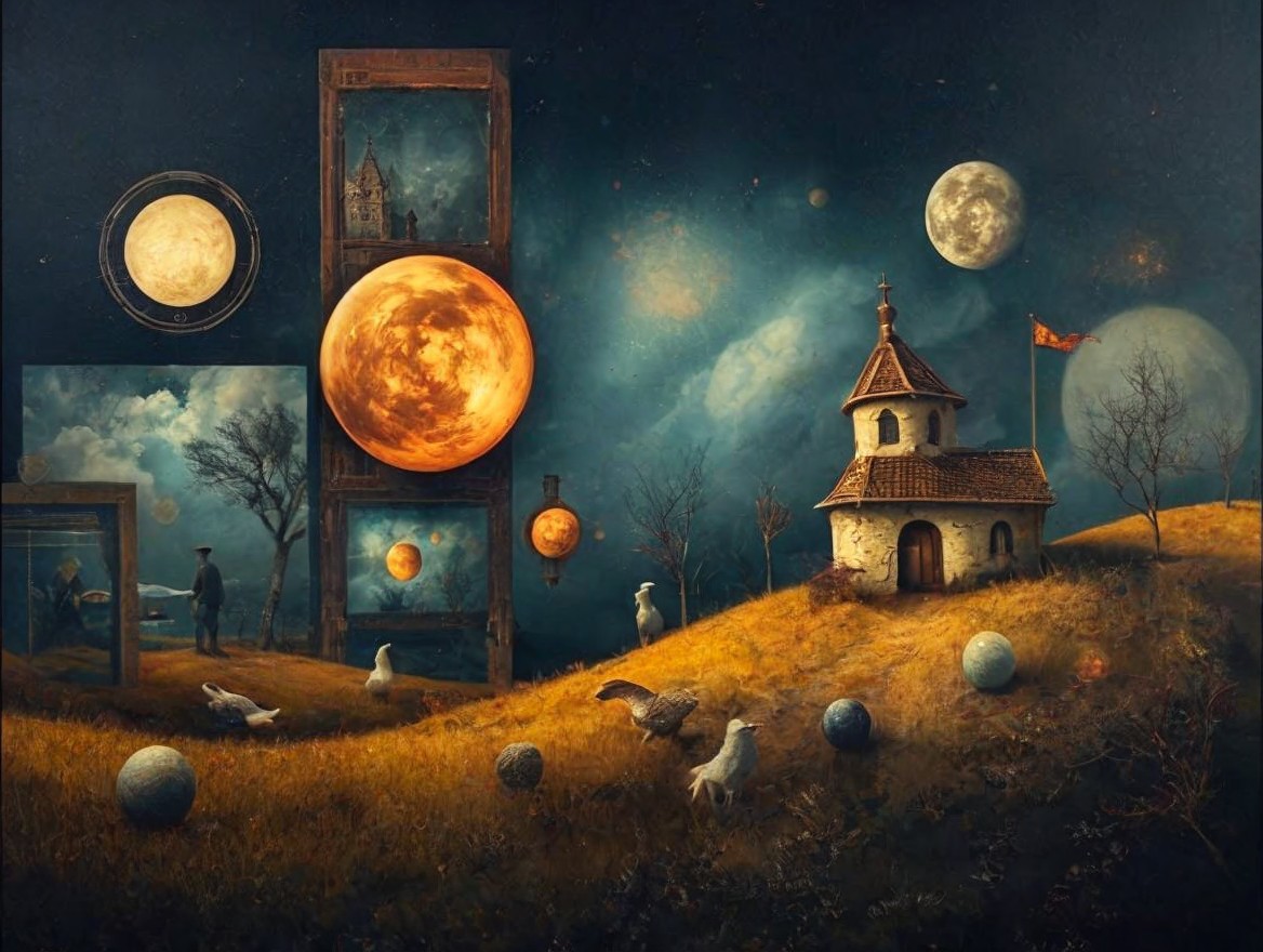 Surreal Landscape with Chapel and Celestial Bodies