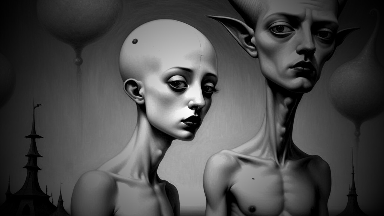 Surreal Figures with Elongated Necks in Dark Background