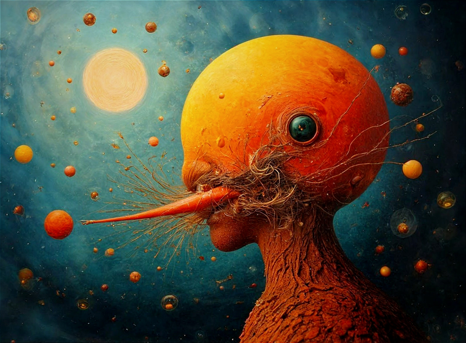 Surreal Bird-Human Figure in Cosmic Landscape