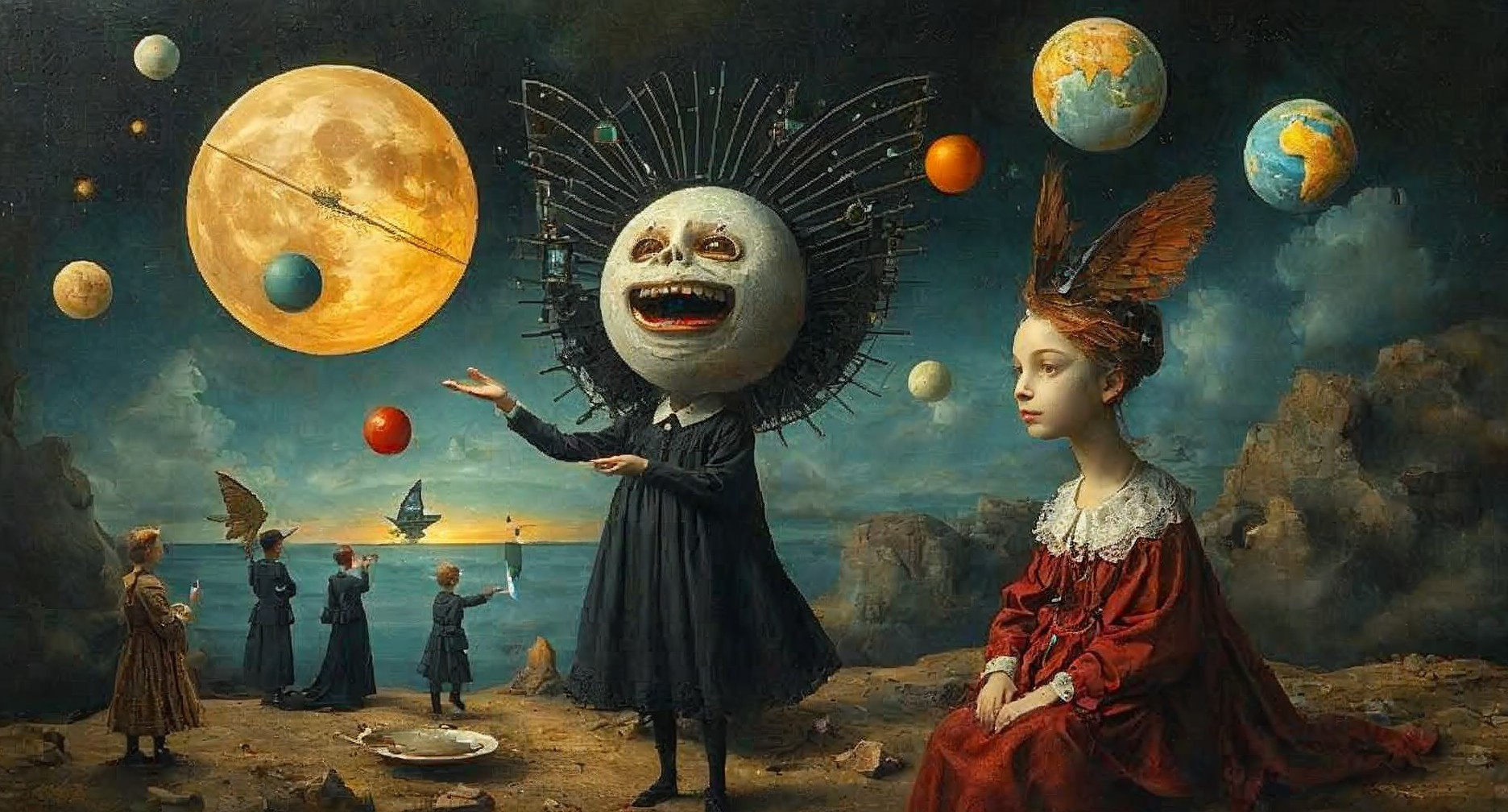 Surreal Scene with Celestial Figures and Dreamlike Elements