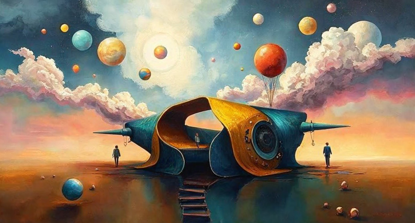 Surreal Landscape with Futuristic Structure and Planets