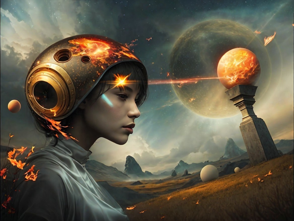 Futuristic Scene with Woman in Metallic Helmet and Sparks