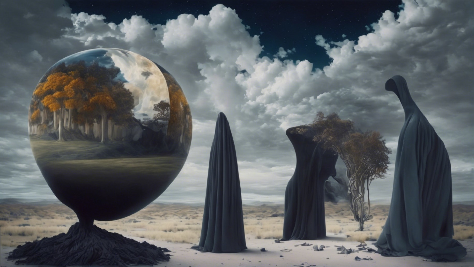 Surreal Landscape with Reflective Orb and Cloaked Figures
