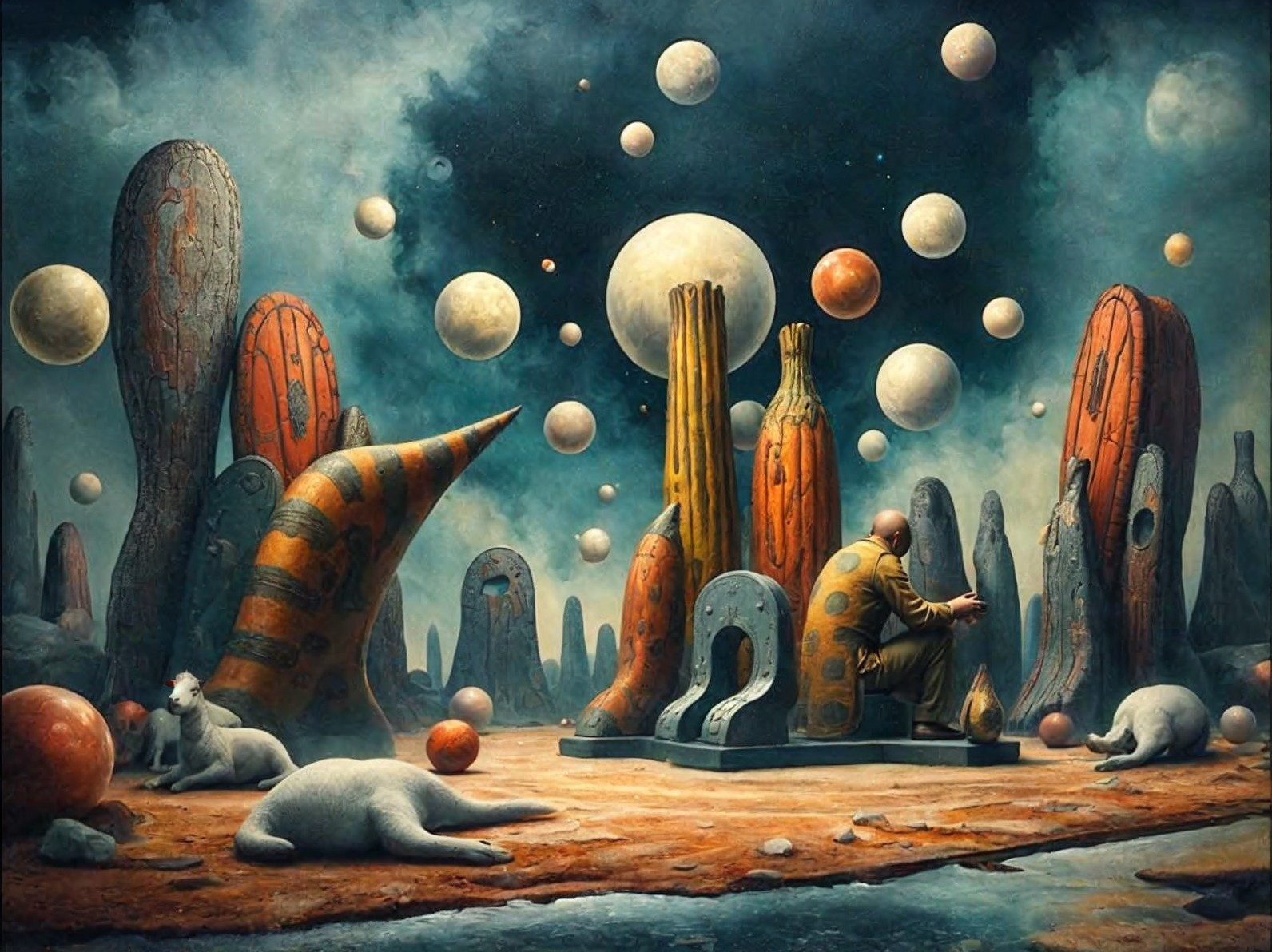 Surreal Landscape with Oversized Rocks and Spheres