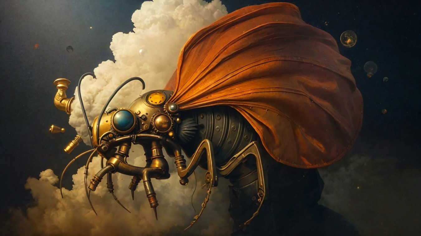 Steampunk Insect with Orange Cape and Mechanical Features