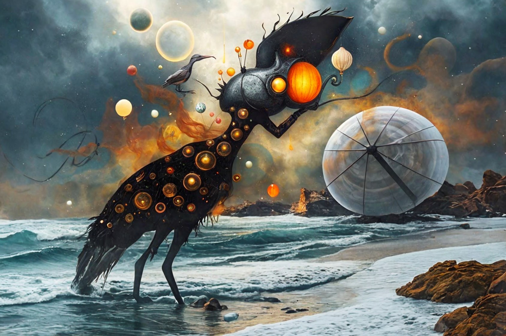 Surreal Landscape with Cosmic Creature and Beach Setting