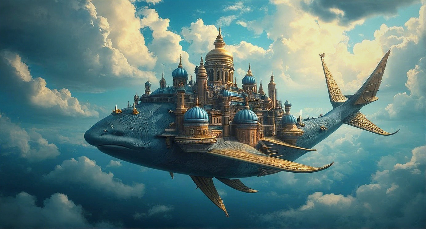 Majestic whale in sky with a grand city on its back