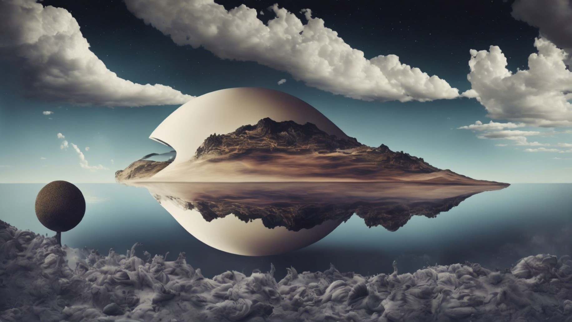 Surreal Landscape with Reflective Egg Structure Over Water