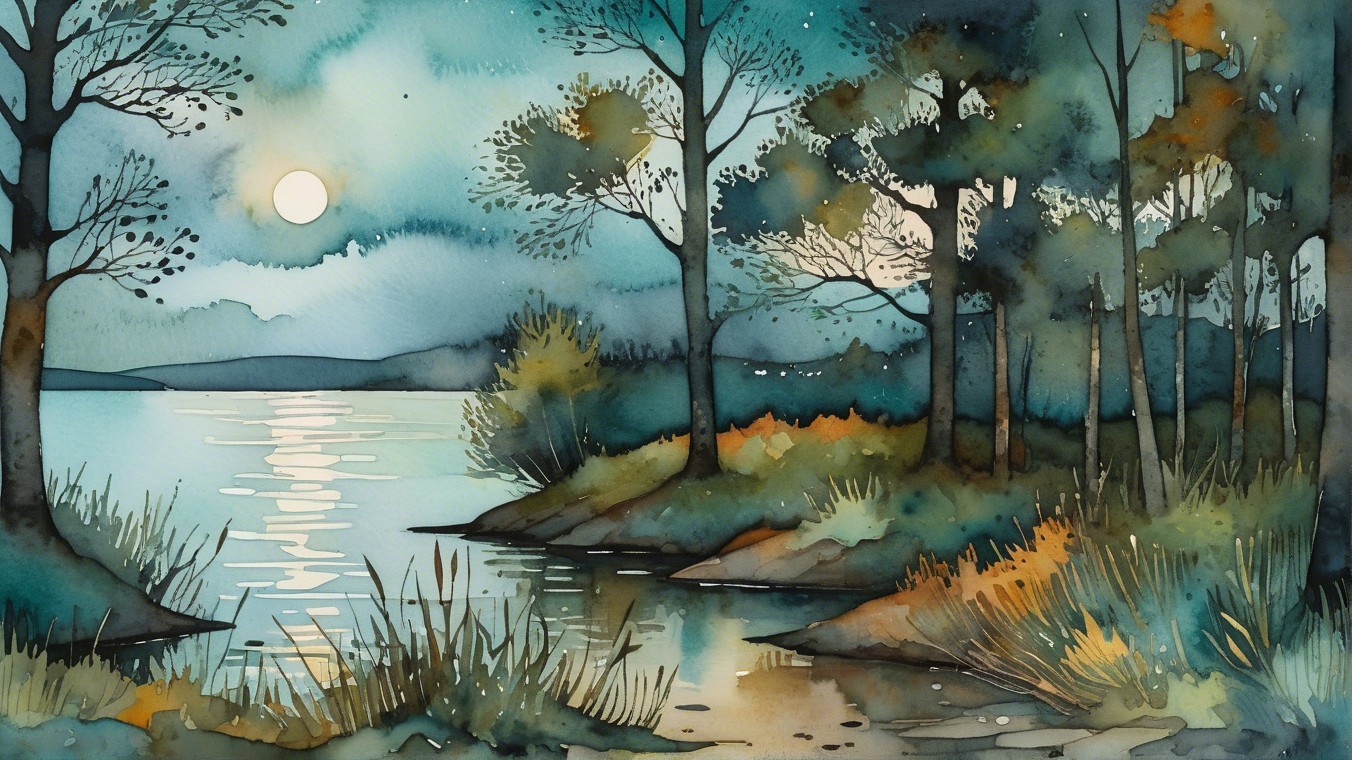 Watercolor Landscape of a Moonlit Lake Scene