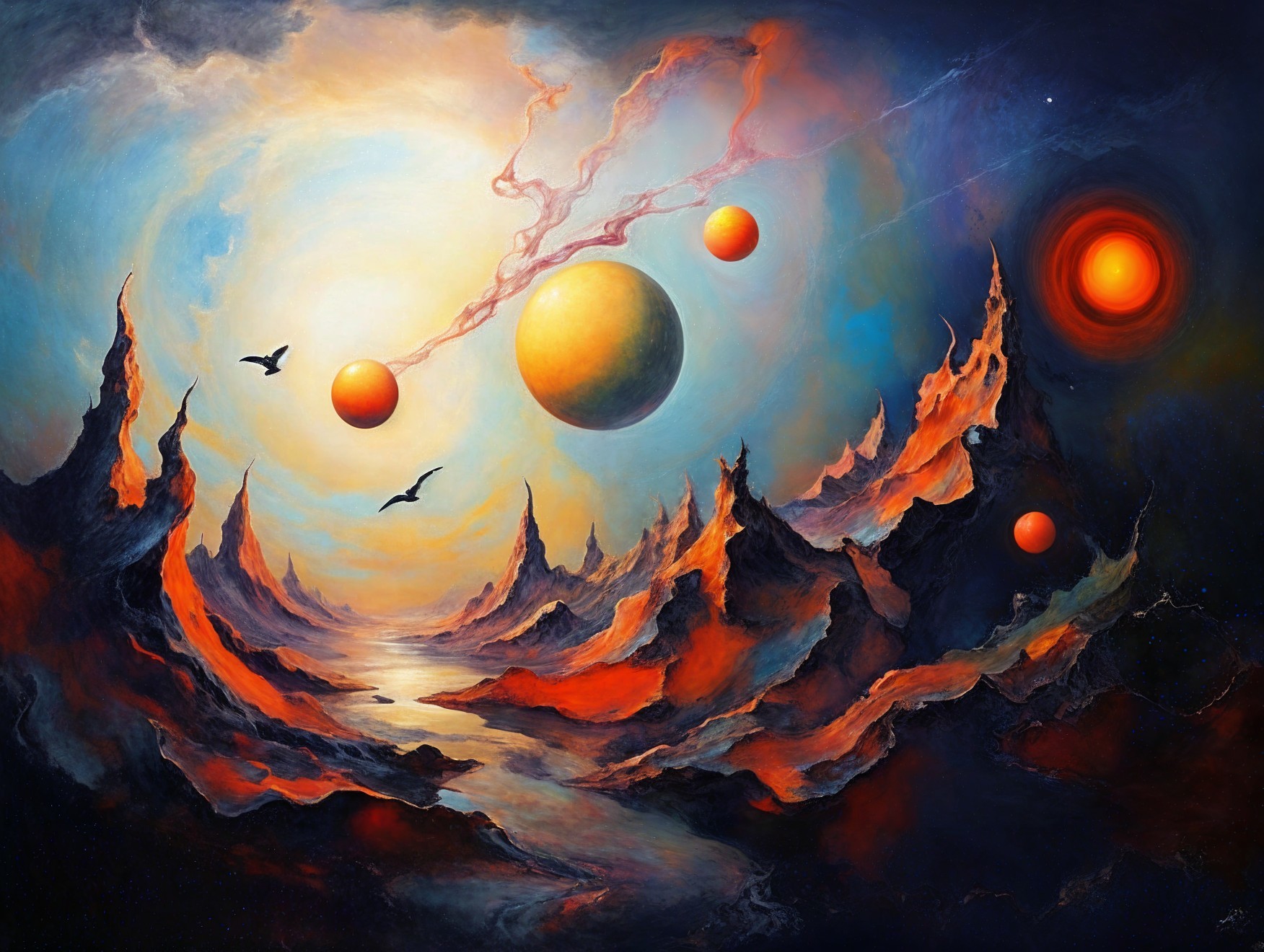 Vibrant Cosmic Landscape with Luminous Planets