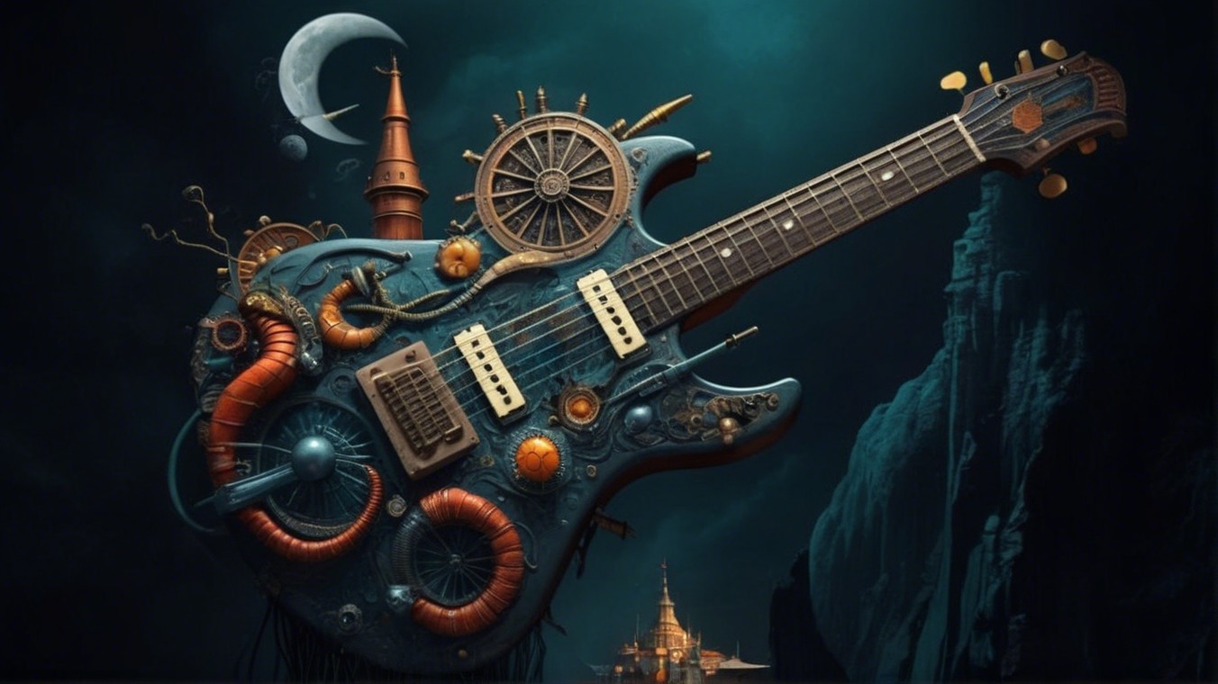 Intricate Steampunk Electric Guitar in Fantasy Landscape