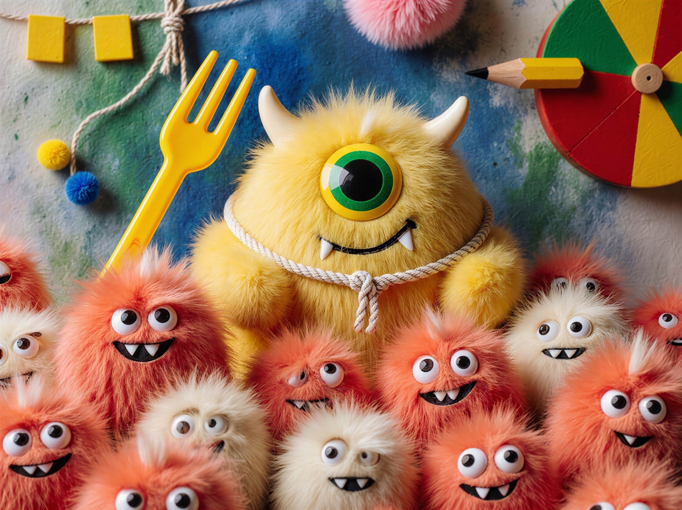 Fluffy Yellow Monster with Smaller Orange Companions