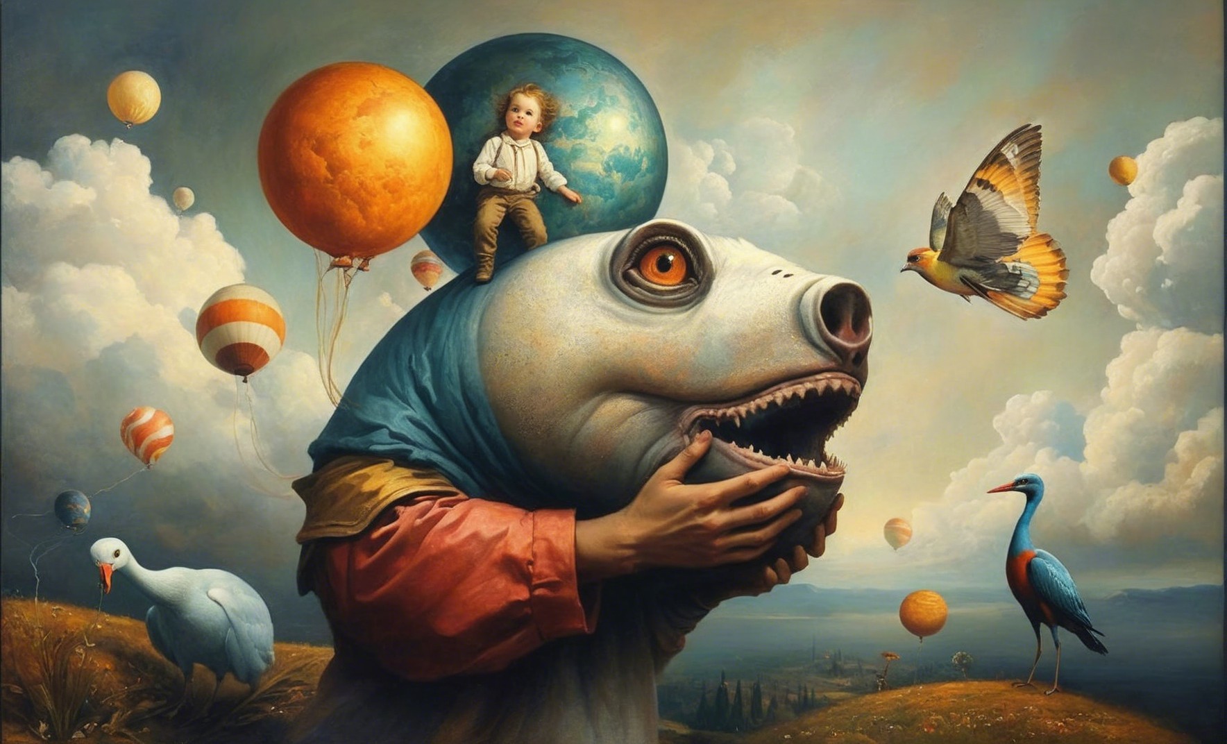 Surreal Scene with Giant Bear Head and Child on Balloons