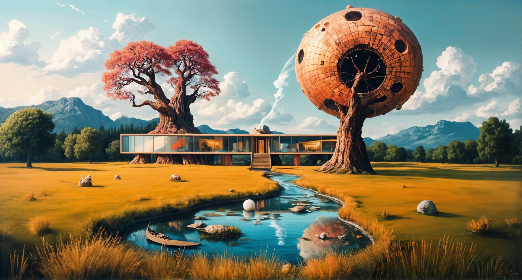 Surreal landscape with futuristic structure and vibrant trees