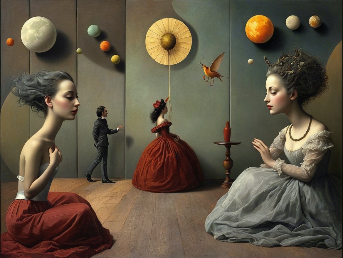Surreal Artwork of Elegantly Dressed Women and Celestial Bodies