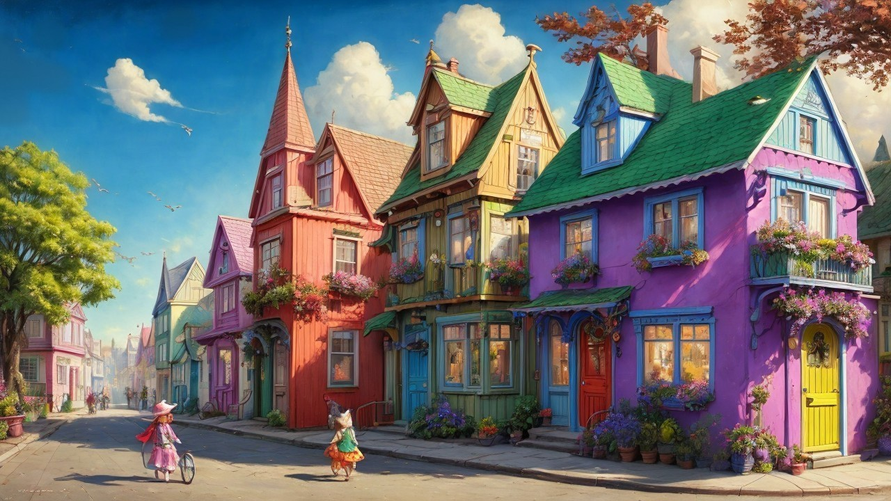 Vibrant Street Scene with Colorful Whimsical Houses
