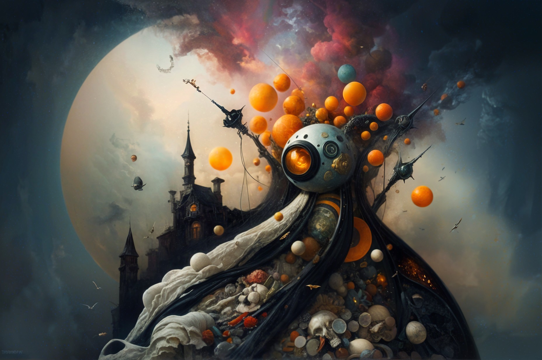 Surreal Scene of Towering Figure and Dark Castle