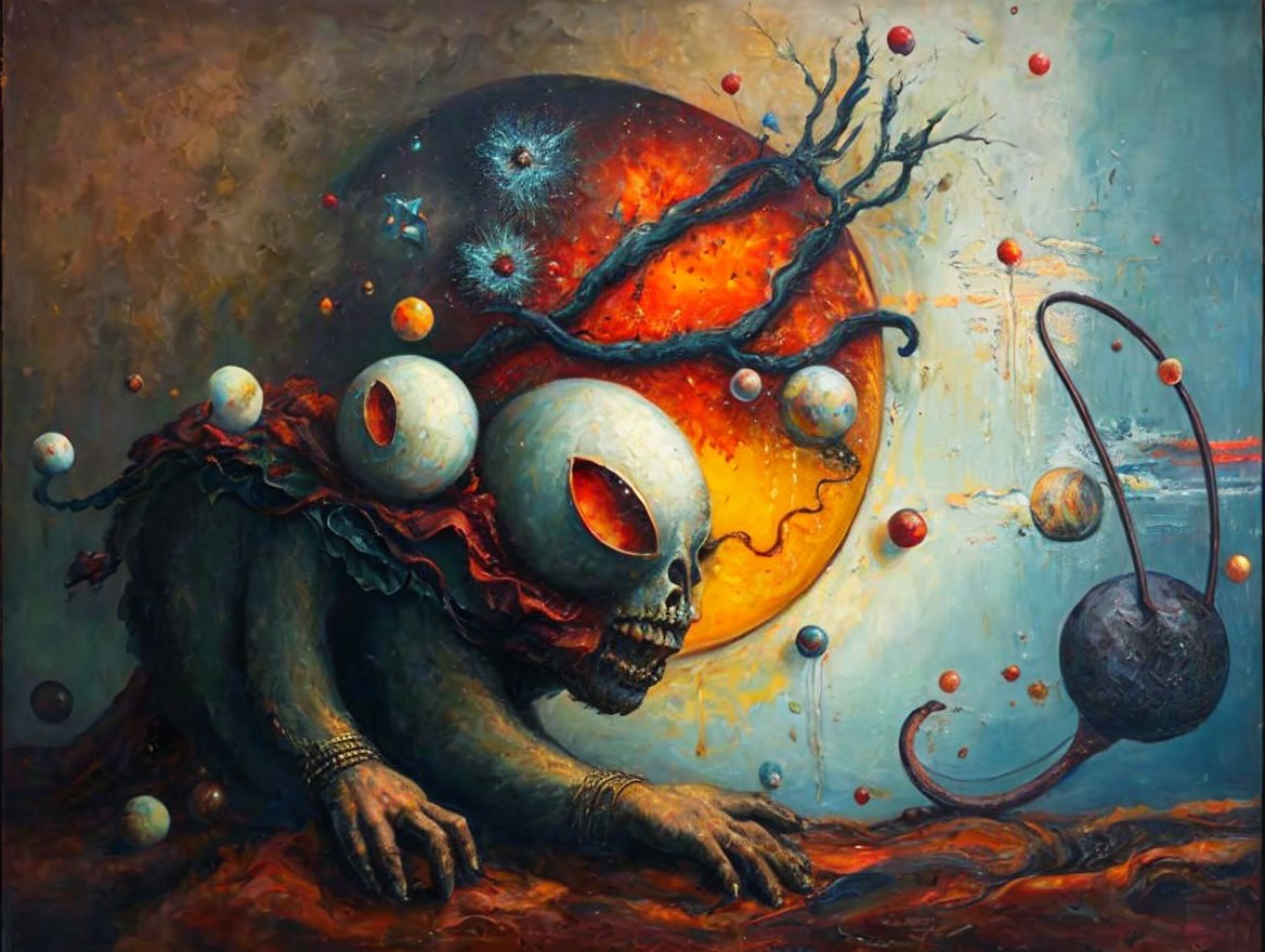 Surreal Scene of a Skeletal Figure Against Fiery Cosmos