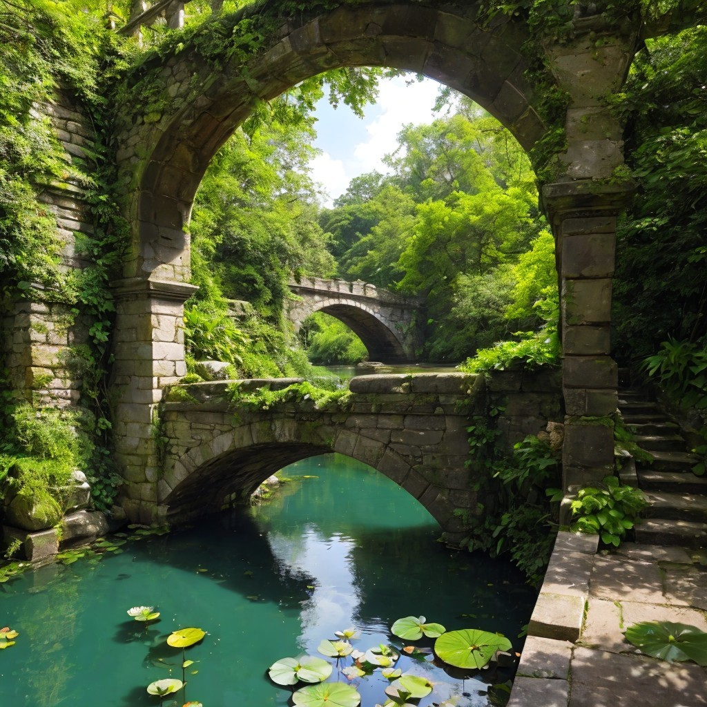 Lush Green Landscape with Stone Bridges and Turquoise River