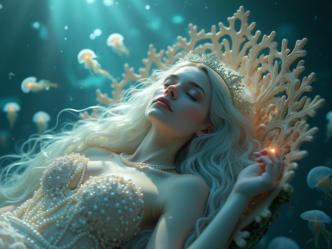 Serene Underwater Scene with Mermaid on Coral Throne