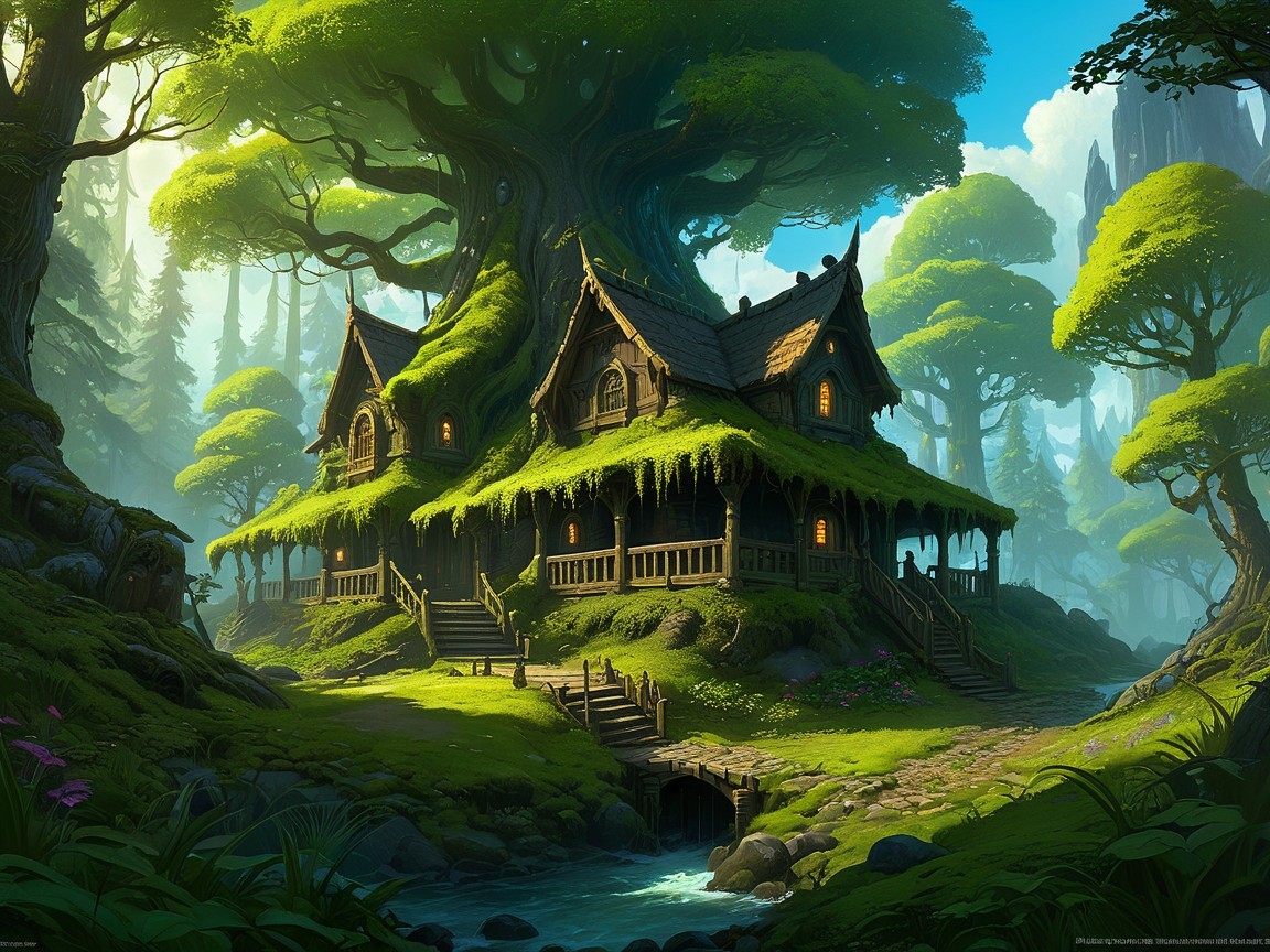 Whimsical Cottage in a Vibrant Forest Setting