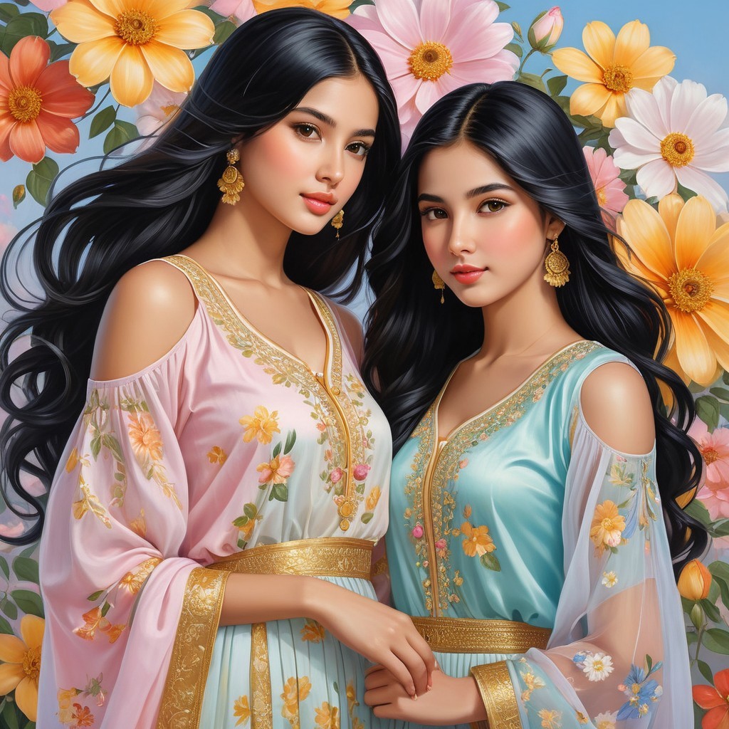 Young Women in Traditional Floral Outfits Amid Flowers
