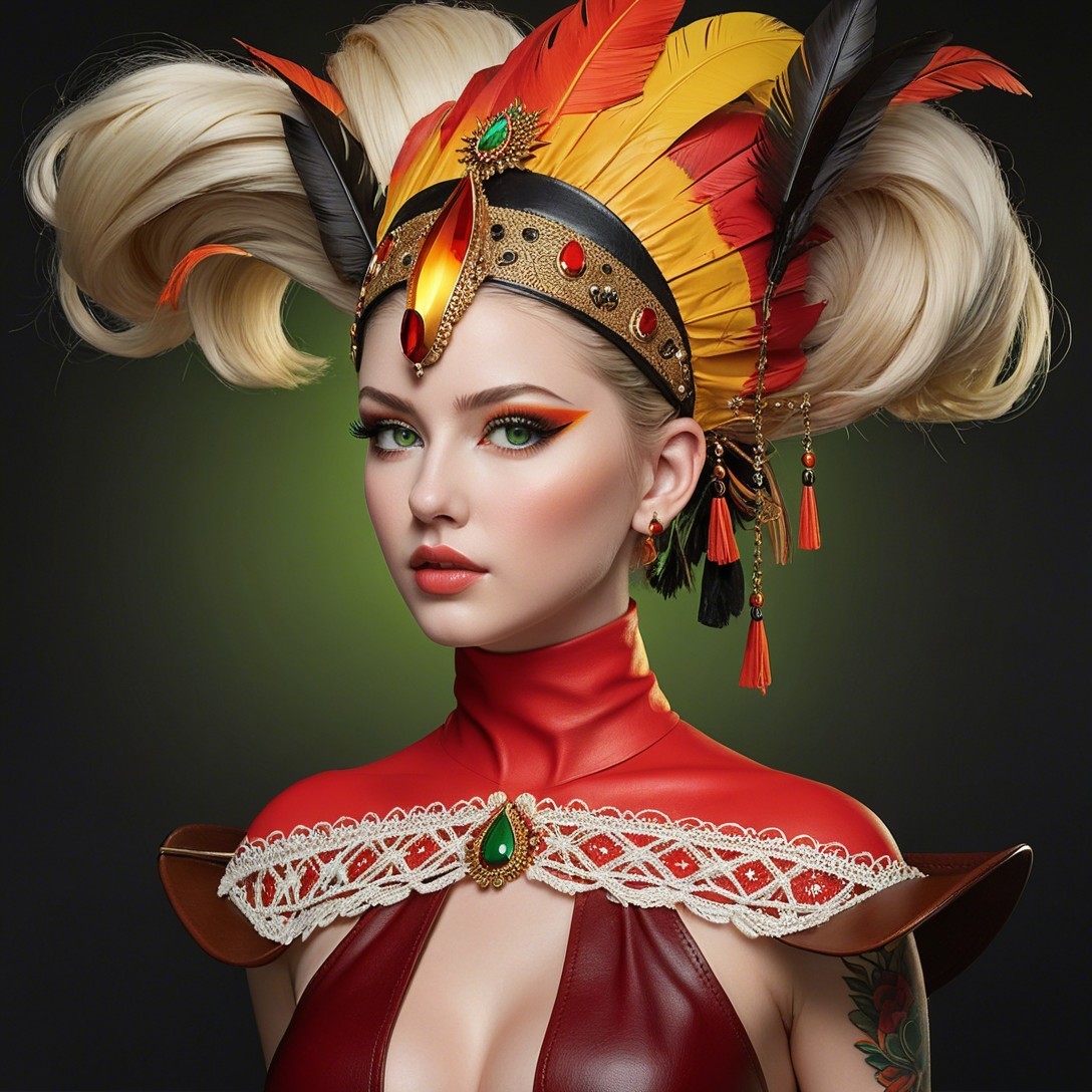 Portrait of a Woman with Vibrant Feather Headdress