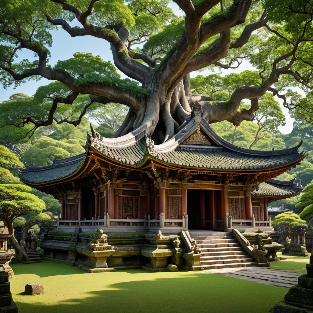 Temple Beneath Ancient Tree with Ornate Carvings