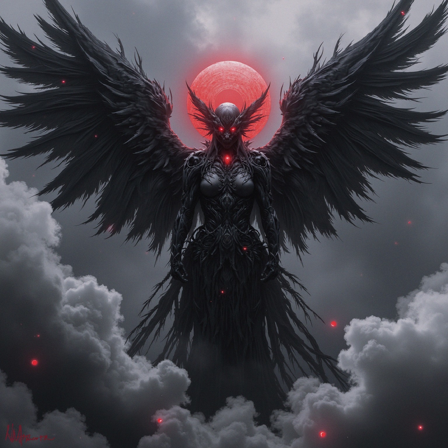Ethereal Figure with Black Wings and Red Moon Backdrop